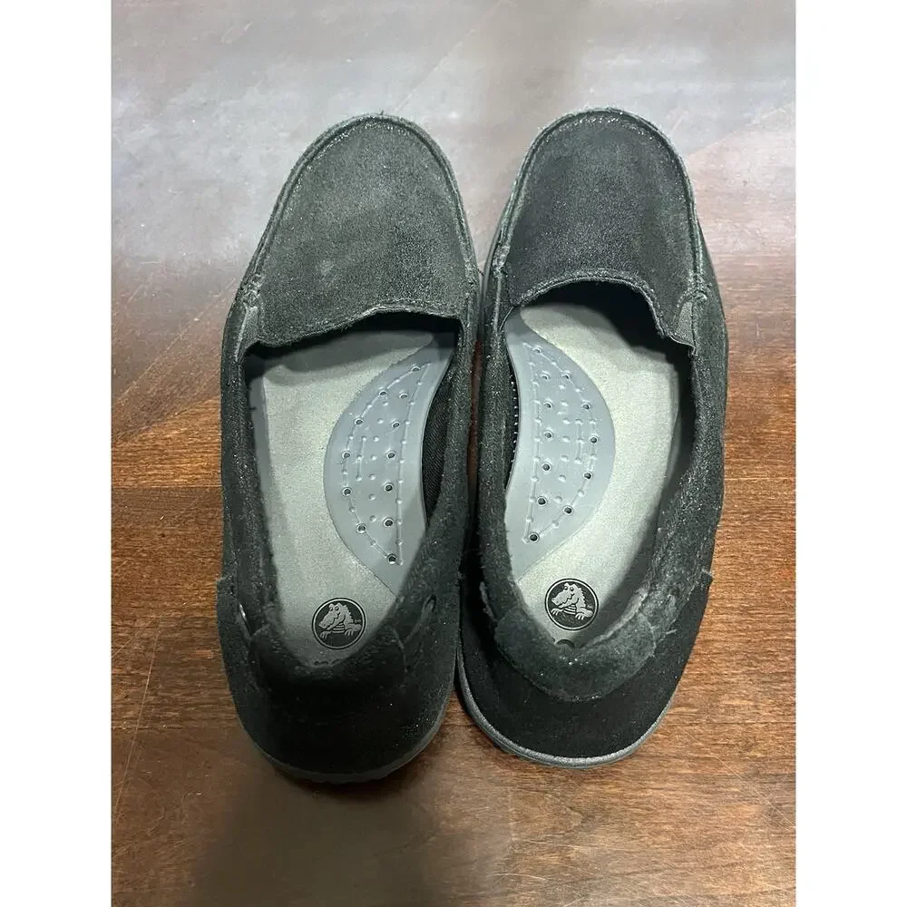 Womens Crocs Walu Black Shimmer Suede Loafers Size 8 Casual Slip On